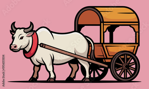 A cartoon illustration of a white bull pulling a traditional wooden cart on a solid pink background, depicting rural transport.