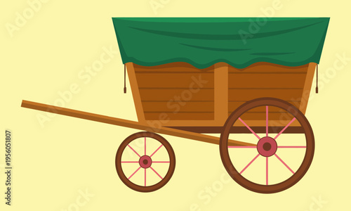 A simple illustration of a traditional wooden cart with a green canvas cover and two spoked wheels on a plain background.
