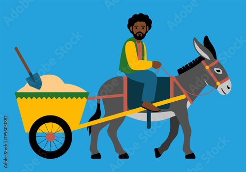 A man with a beard rides a grey donkey pulling a yellow cart filled with sand and a shovel against a blue background.