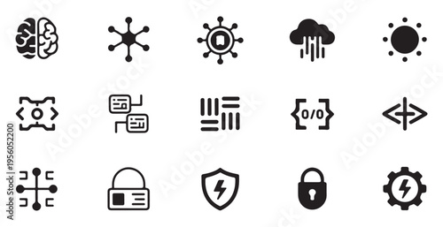 Machine learning and data infrastructure solid icons set showing neural networks cloud rain and secure locks
