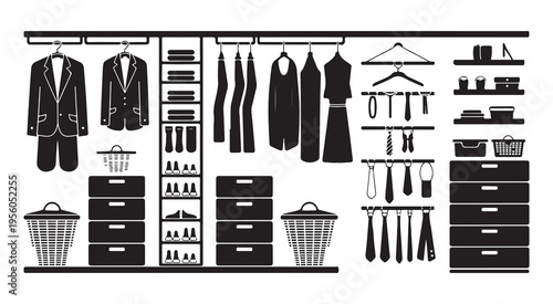 Organized wardrobe closet interior with clothes on hangers drawers shelves shoes and accessories neatly arranged