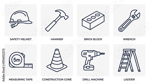 Construction tools icon set with helmet, hammer, brick, wrench, tape, cone, drill, and ladder, drawn in black-and-white line art, symbolizing building, safety, repair, and engineering work.