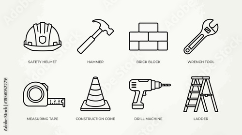 Construction tools icon set with helmet, hammer, brick, wrench, tape, cone, drill, and ladder, drawn in black-and-white line art, symbolizing building, safety, repair, and engineering work.