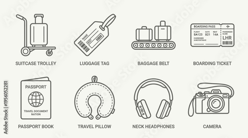Airport travel icon set with trolley, tag, baggage belt, ticket, passport, pillow, headphones, and camera, drawn in black-and-white line art, symbolizing luggage, journey, and air travel essentials.