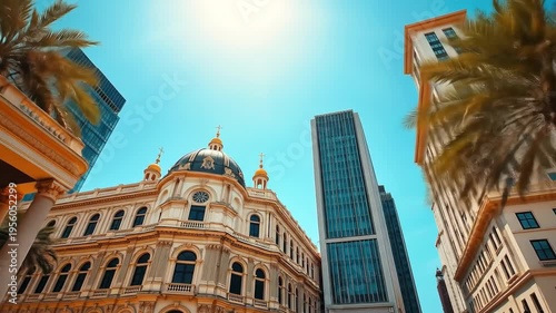Urban architecture with blue sky view establishing city skyline