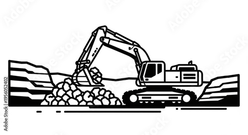 Excavator Digging in Quarry - Black and White Line Art.