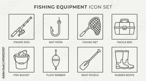 Fishing gear icon set with rod, hook, net, tackle box, bucket, bobber, paddle, and boots, drawn in black-and-white line art, symbolizing angling, outdoor activity, and water-based recreation.