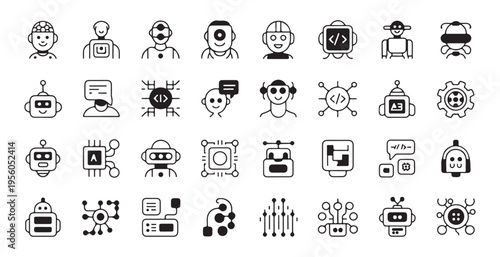 Robotic avatars and ai assistant characters icons in solid style including chatbots and virtual humanoid heads