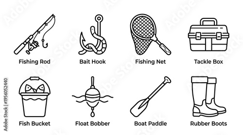 Fishing gear icon set with rod, hook, net, tackle box, bucket, bobber, paddle, and boots, drawn in black-and-white line art, symbolizing angling, outdoor activity, and water-based recreation.