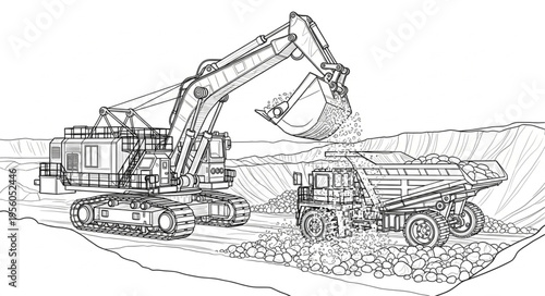 Excavator Loading Dump Truck at a Mining Site Illustration.