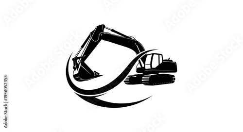 Excavator Silhouette with Circular Design Element for Construction and Engineering.