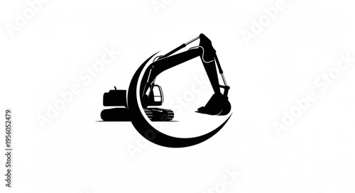 Excavator Silhouette with Circular Design Element for Construction Industry.