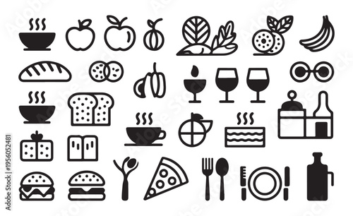 Modern icon set of food and drinks including fruits vegetables bread and meals