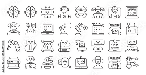 Industrial robotics and automation line icons collection featuring robotic arms medical bots and smart screens