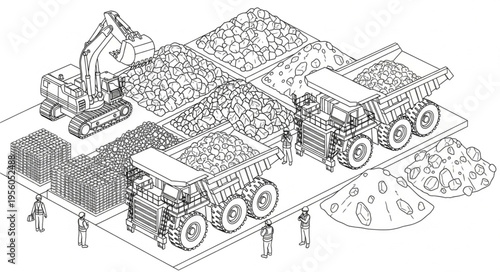 Excavator Loading Trucks with Material at a Construction Site.