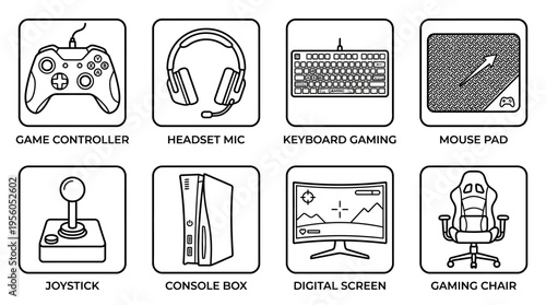 Outlined icons of concert essentials including stage speaker, microphone stand, electric guitar, drumsticks, music ticket, wristband pass, stage light, and amplifier, symbolizing live music and festiv
