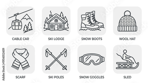 Outlined icons of essential hiking gear including trail map, compass, signpost, boots, rope knot, water canteen, flashlight, and binoculars, symbolizing outdoor adventure, exploration, and preparednes