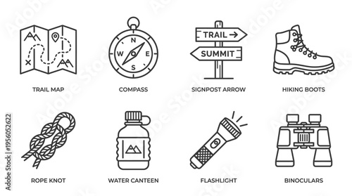 Outlined icons of outdoor essentials including map, compass, signpost, hiking boots, rope, canteen, flashlight, and binoculars, symbolizing hiking, camping, navigation, and exploration in nature.