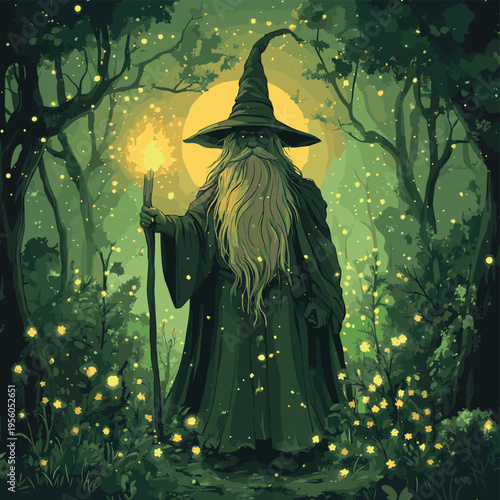 Forest wizard nature fantasy character illustration , vector style simple color