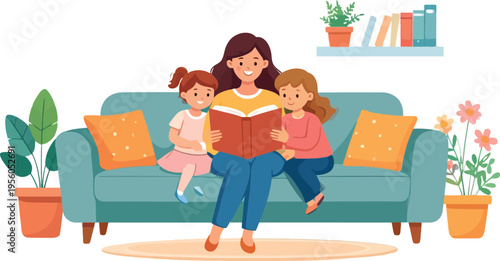 Mother reading a book to her two daughters on a sofa