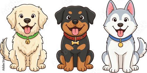 Cute cartoon dog characters set, golden retriever, rottweiler and husky puppy illustrations, adorable pet mascot collection, playful vector design for children
