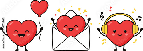 Cute cartoon heart characters collection, love theme illustration with balloon, envelope message and music headphones, happy romantic kawaii design for valentine concept