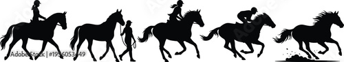 Horse riding progression silhouette showing training stages from walking to galloping, equestrian sport concept, black vector illustration isolated for design and creative use