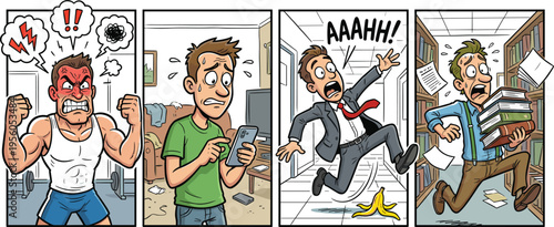 Humorous comic strip sequence, cartoon characters showing anger, distraction, slipping accident and panic reactions, colorful storytelling panels with expressive emotions and funny situations