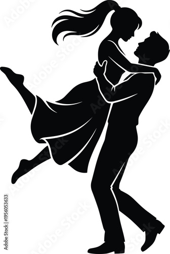 Romantic couple silhouette illustration, man lifting woman in love pose, elegant black vector design for wedding, valentine, relationship and romance concept