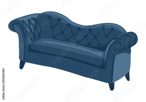 Blue upholstered sofa with tufted backrest and curved arms, featuring wooden legs, designed for modern living spaces and interior decoration
