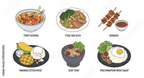 Delicious Thai food dishes with labels on a white background, vector illustration.