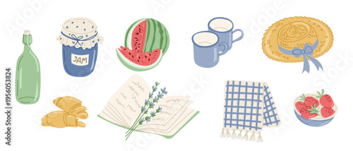 Illustration of various food items including jam, watermelon, cups, pie, and croissants arranged on a white background with a decorative cloth and flowers