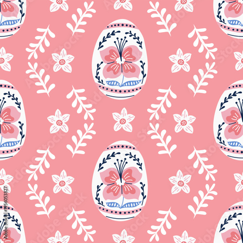 Floral patterned illustration featuring decorative eggs and flowers on a pink background, suitable for Easter-themed designs and seasonal decorations