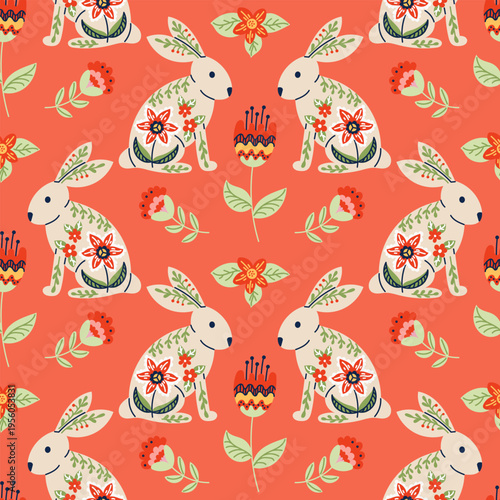 Seamless pattern showcasing illustrated rabbits surrounded by flowers and leaves on a coral background, suitable for fabric and wallpaper design