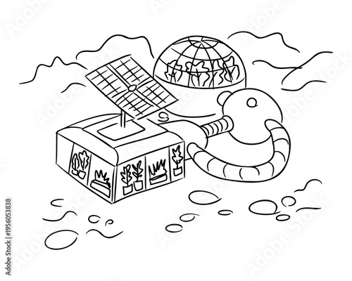 Illustration of a futuristic habitat with solar panels, a greenhouse dome, and a robotic arm on a barren landscape, depicting sustainable living in an extraterrestrial environment