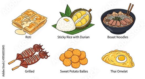 Delicious Thai food dishes including roti, sticky rice, durian, boat noodles, grilled squid, sweet potato balls, and Thai omelet.