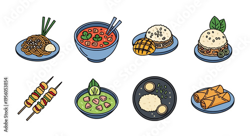 Delicious and colorful illustrations of various Filipino dishes on plates.