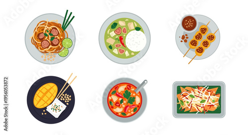 Delicious Thai food dishes arranged on white background, top view.