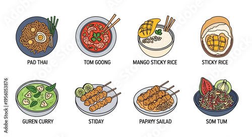 Delicious Thai food dishes with labels in a colorful illustration.