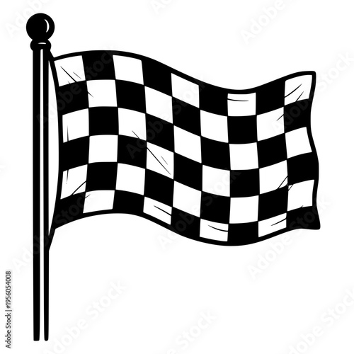 Minimalist vector illustration of a waving checkered racing flag on a pole. This high-contrast black ink design symbolizes speed, competition, and victory in motorsports.