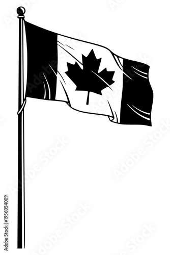 Minimalist vector silhouette of the Canadian flag waving on a flagpole. Featuring the iconic maple leaf, this high-contrast black and ink-style illustration is ideal for national themes 