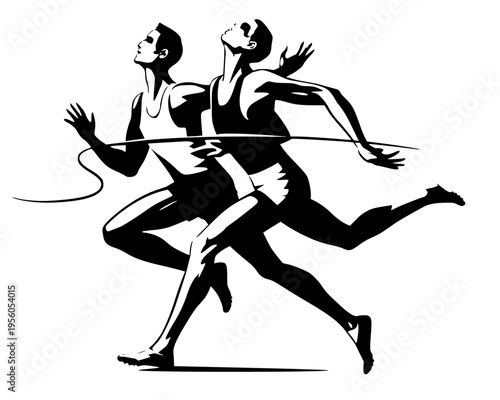 Dynamic vector silhouette of two sprinters crossing the finish line. This high-contrast black illustration captures the peak of athletic competition and victory, perfect for sports and achievement the