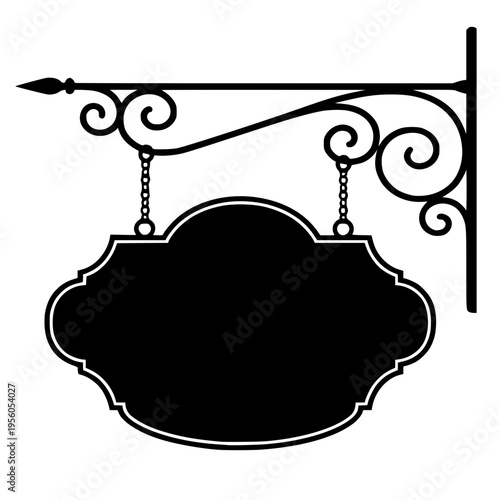 Ornate vintage wrought iron signboard with a blank hanging metal frame and antique decorative art for a retro street store sign