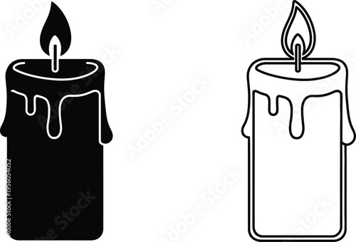 Black and white candles with melted wax and flame Vector