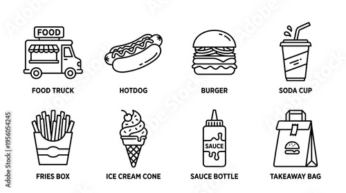 Fast food icon set with truck, hot dog, burger, drink, fries, ice cream, condiment bottle, and takeout bag, drawn in black-and-white line art, symbolizing street food, snacks, and casual dining.