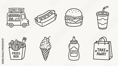 Fast food icon set with truck, hot dog, burger, drink, fries, ice cream, condiment bottle, and takeout bag, drawn in black-and-white line art, symbolizing street food, snacks, and casual dining.