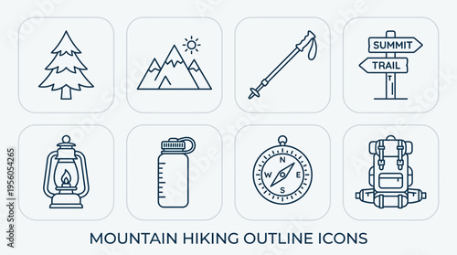 Outdoor hiking icon set with mountain, tree, pole, signpost, lantern, bottle, compass, and backpack, drawn in line art style, symbolizing adventure, exploration, and nature journeys.