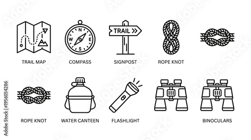 Hiking gear icon set with trail map, compass, signpost, rope knots, canteen, flashlight, and binoculars, drawn in black-and-white line art, symbolizing outdoor adventure, navigation, and exploration.