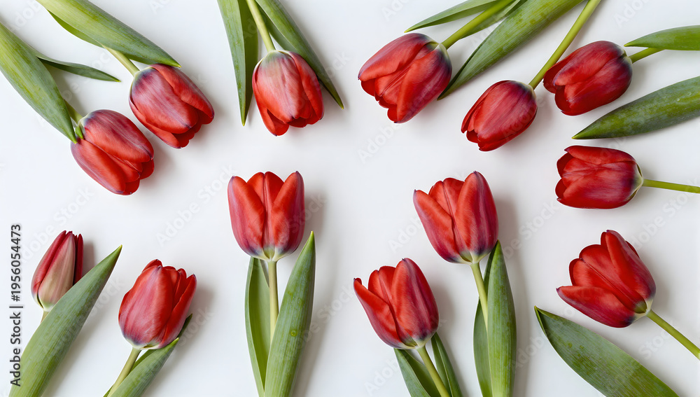Obraz premium Crimson Tulips: A captivating arrangement of vibrant red tulips, their petals unfurling in graceful splendor against a plain backdrop, evoking feelings of beauty and renewal.