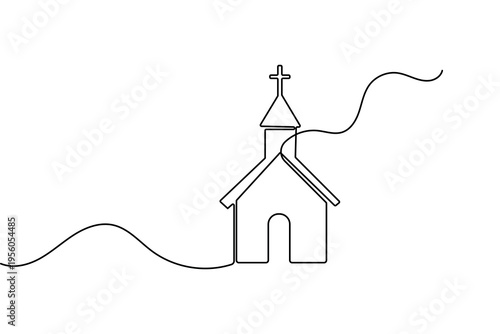 Minimalist church building continuous line drawing outline vector illustration on white